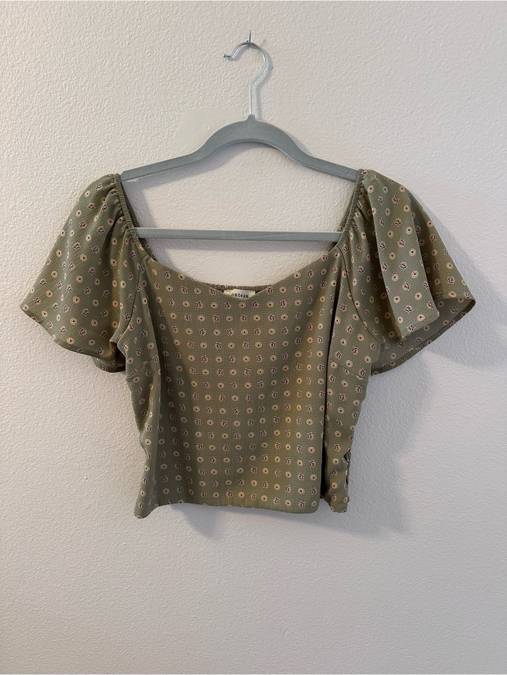 Monteau Olive Green Floral Square Neck Puff Sleeve Crop Top